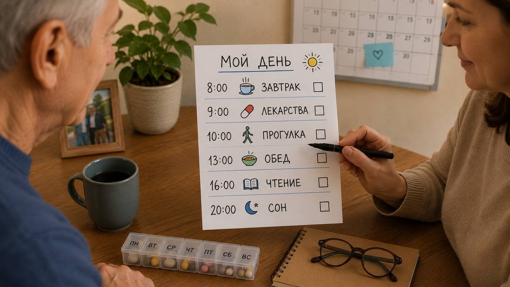 Родственник показывает пациенту расписание дня после ЧМТ